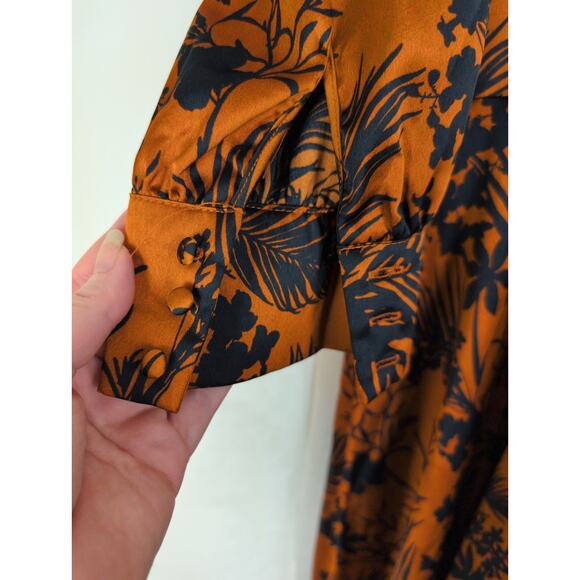 Future Collective Kahlana Barfieild Brown floral satin asymmetrical dress Large - Picture 7 of 9